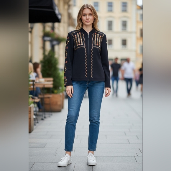 dennis basso Jackets & Blazers - Dennis Basso Midnight Blue Jacket Embroidered Floral Classy Zip Front 16